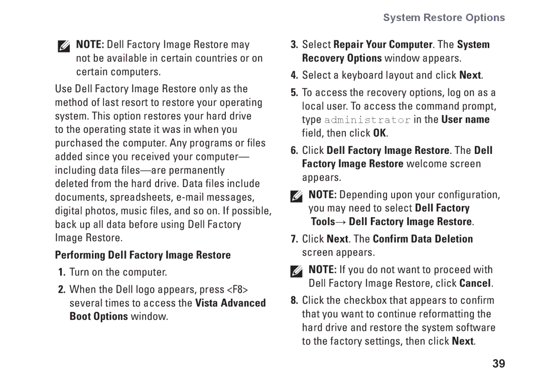 Dell PP17S, 1340, P464C setup guide Performing Dell Factory Image Restore 