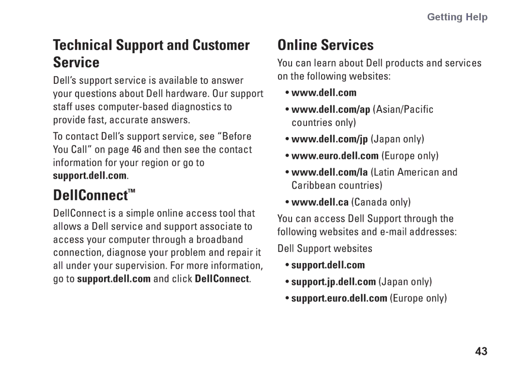 Dell 1340, P464C, PP17S setup guide DellConnect, Online Services, Support.dell.com 