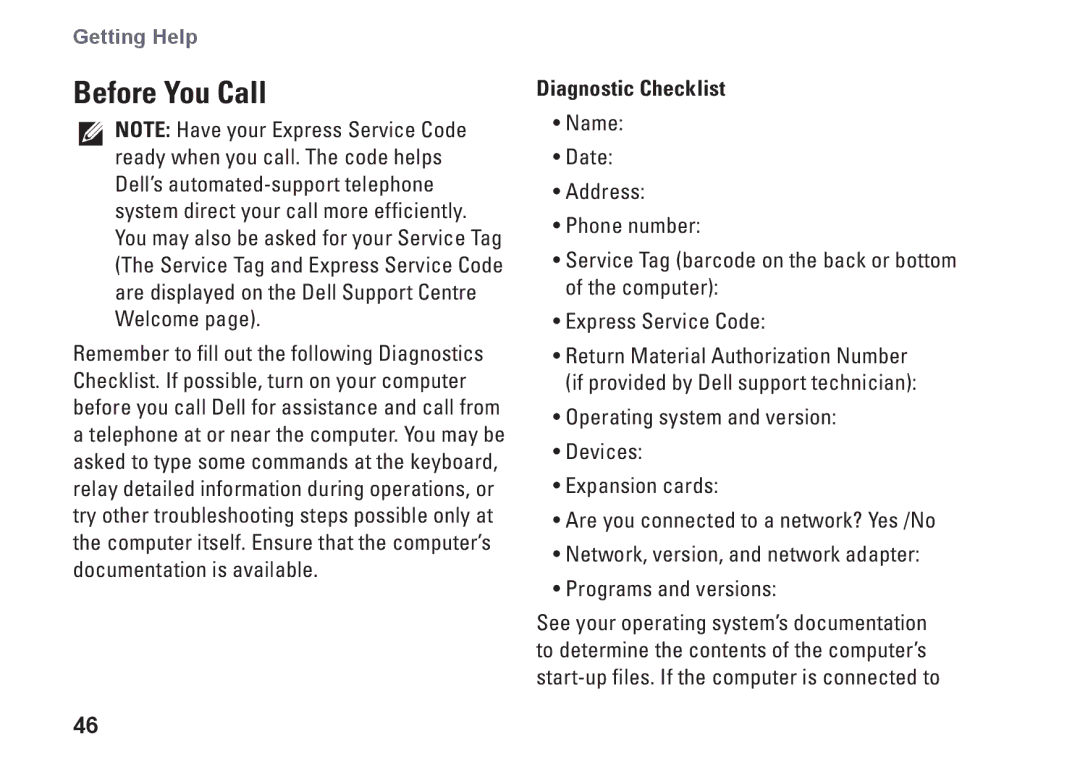 Dell 1340, P464C, PP17S setup guide Before You Call, Diagnostic Checklist 