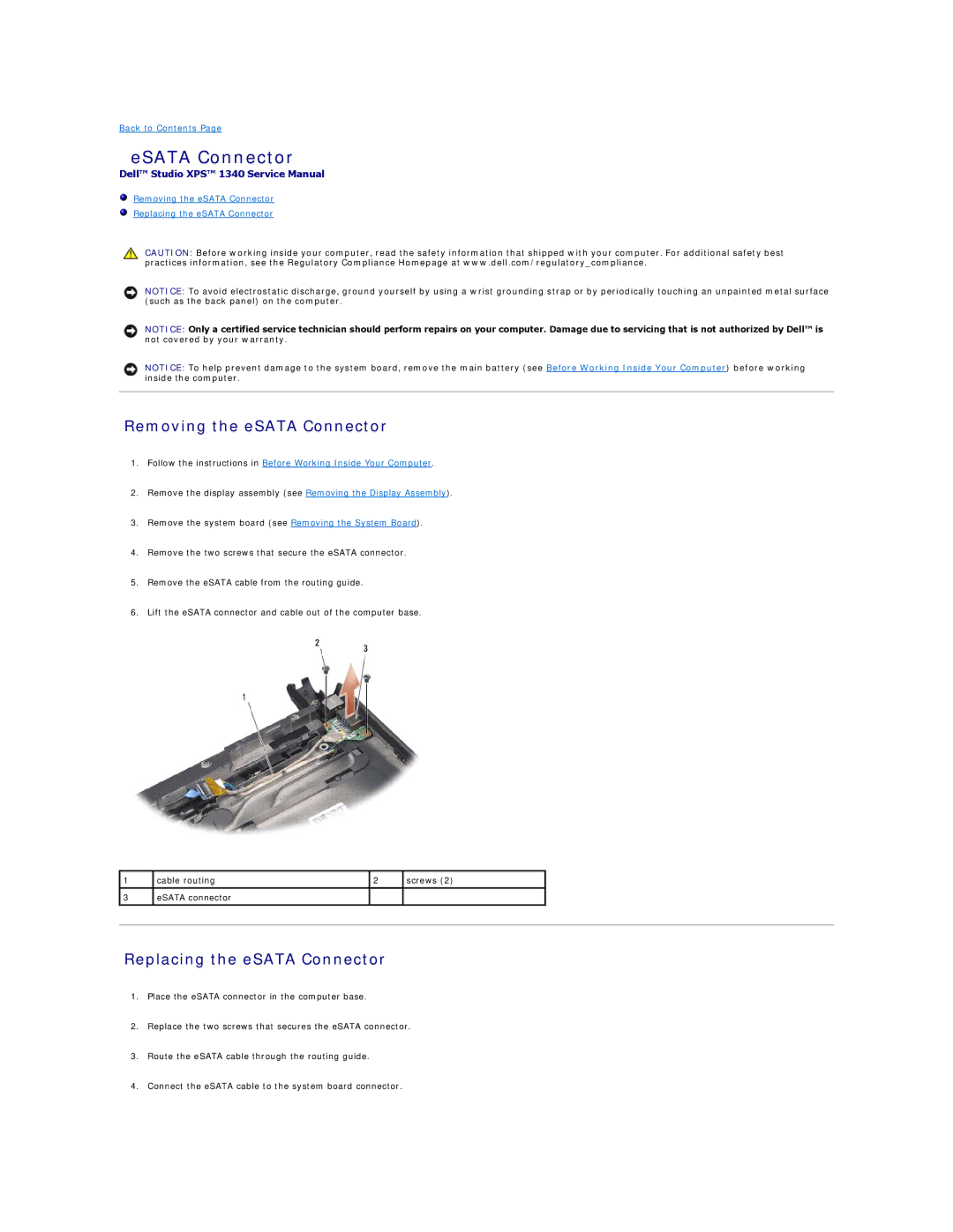 Dell 1340 manual ESATA Connector, Removing the eSATA Connector, Replacing the eSATA Connector 