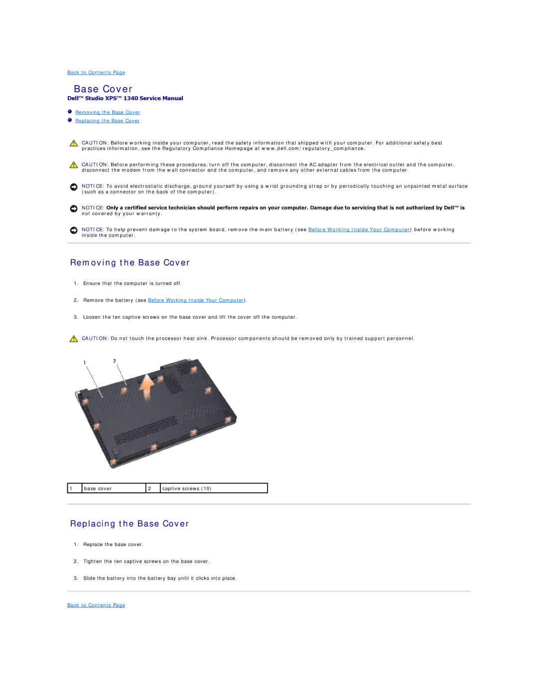 Dell 1340 manual Removing the Base Cover, Replacing the Base Cover 