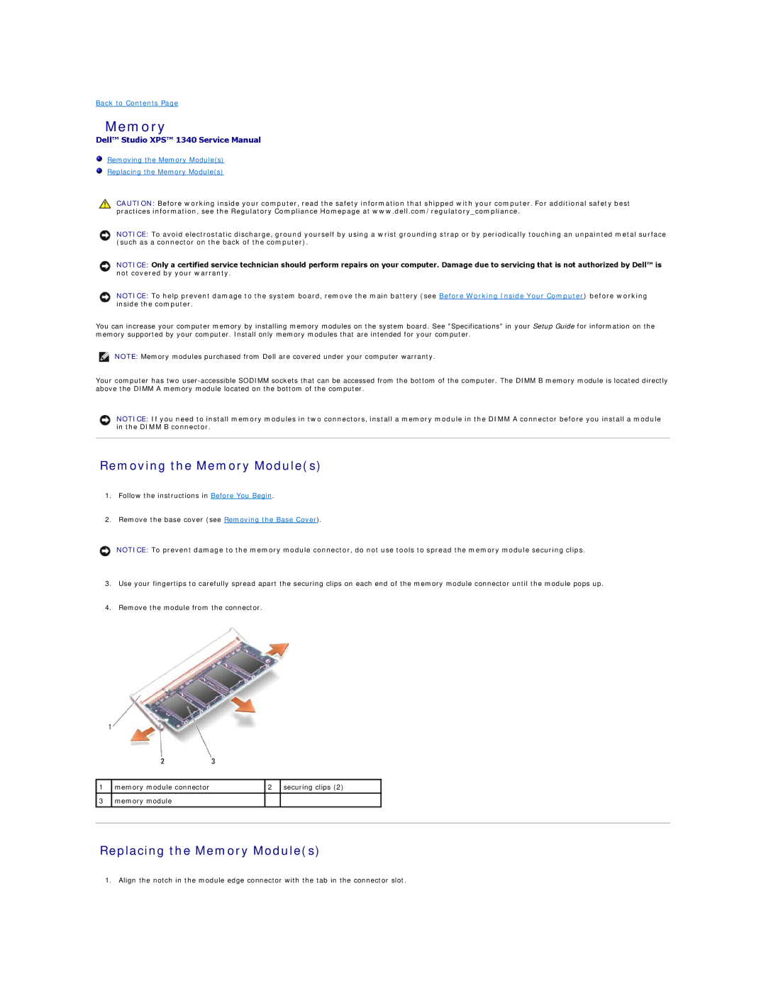 Dell 1340 manual Removing the Memory Modules, Replacing the Memory Modules 