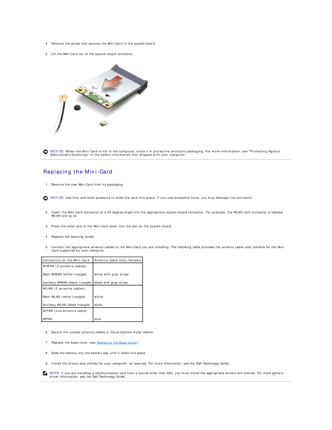 Dell 1340 manual Replacing the Mini-Card, Wpan one antenna cable 