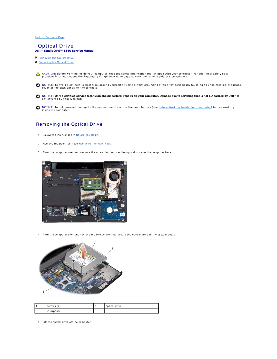 Dell 1340 manual Removing the Optical Drive 