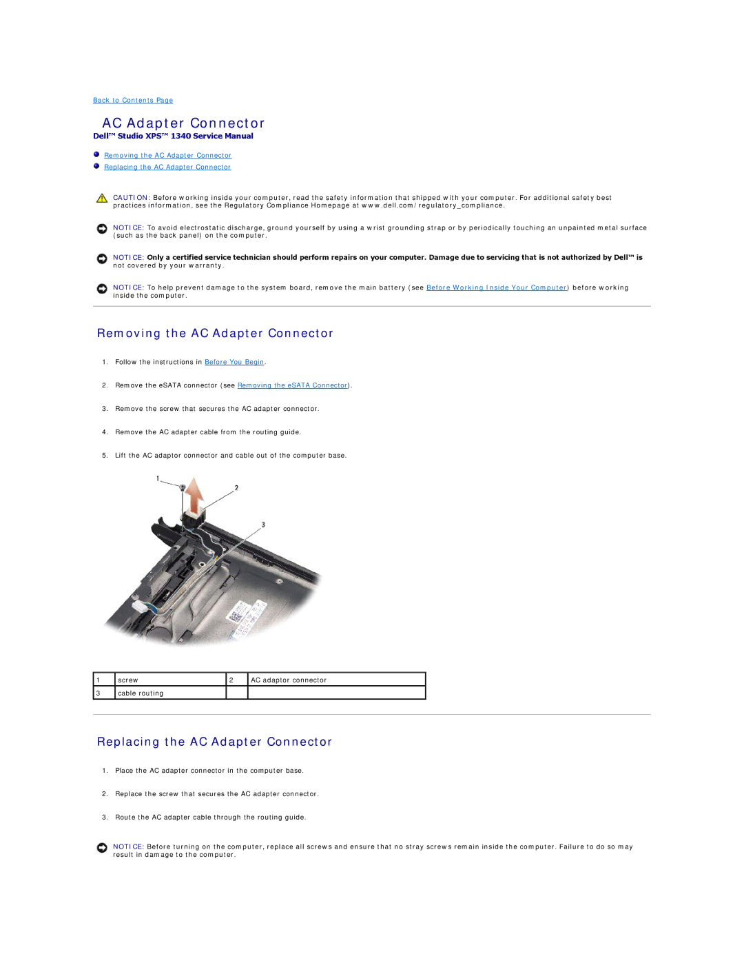 Dell 1340 manual Removing the AC Adapter Connector, Replacing the AC Adapter Connector 