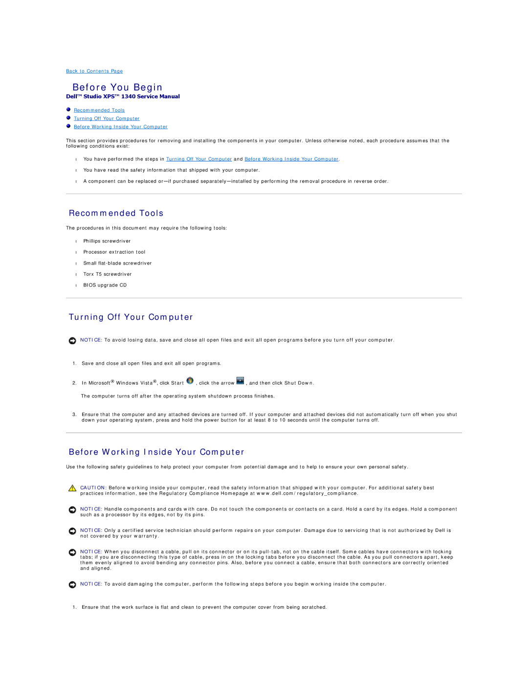 Dell 1340 manual Before You Begin, Recommended Tools, Turning Off Your Computer, Before Working Inside Your Computer 