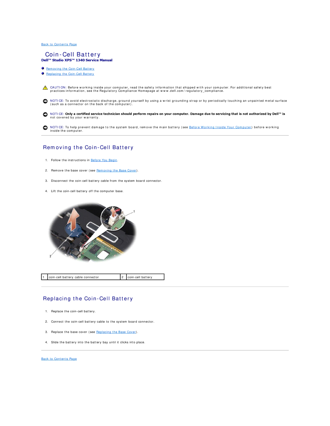 Dell 1340 manual Removing the Coin-Cell Battery, Replacing the Coin-Cell Battery 