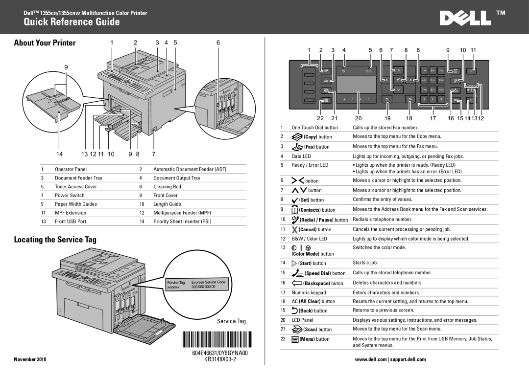 Dell 1355CN, 1355cnw manual About Your Printer, Locating the Service Tag, 13 12 