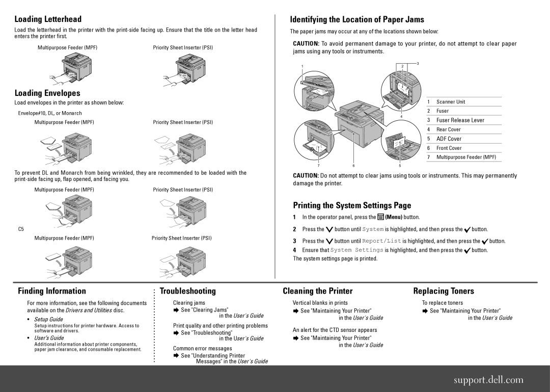 Dell 1355cnw Loading Letterhead, Loading Envelopes Identifying the Location of Paper Jams, Printing the System Settings 