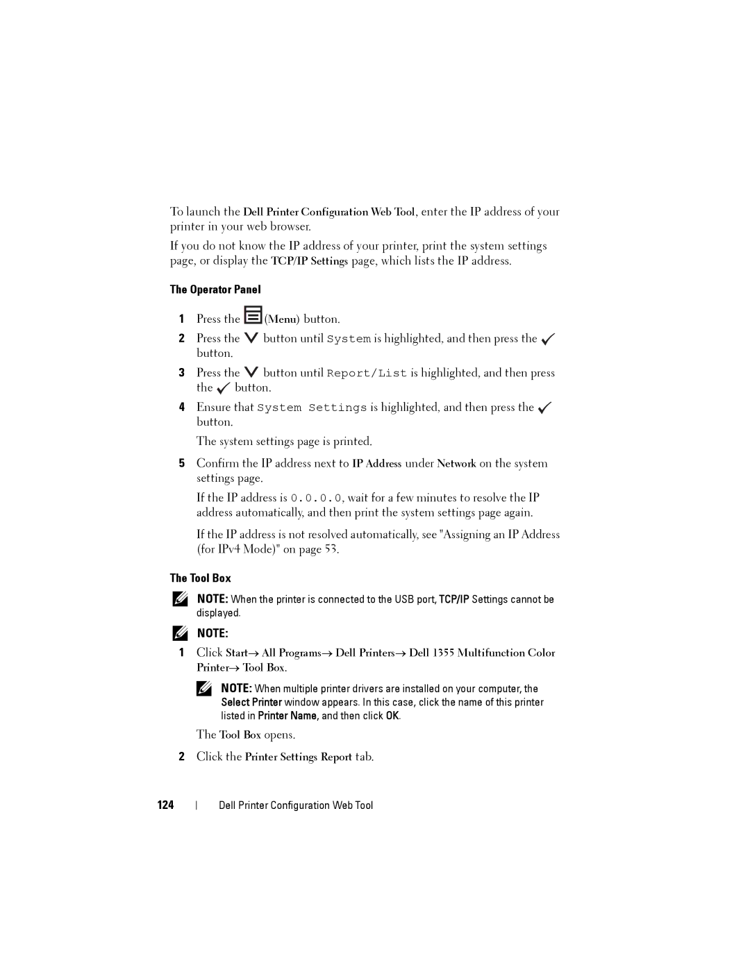 Dell 1355cnw, 1355CN manual Tool Box, 124, Click the Printer Settings Report tab 