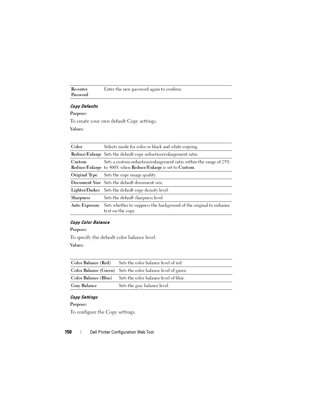 Dell 1355cnw, 1355CN manual 150, Re-enter Enter the new password again to confirm Password, Values Color, Custom 