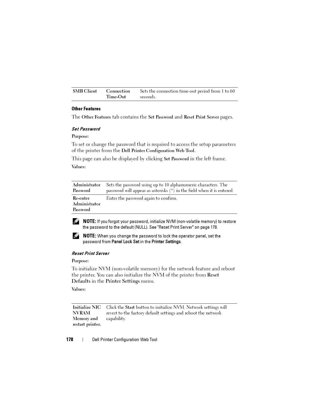 Dell 1355cnw, 1355CN manual Other Features, 178, SMB Client Connection, Memory Capability Restart printer 