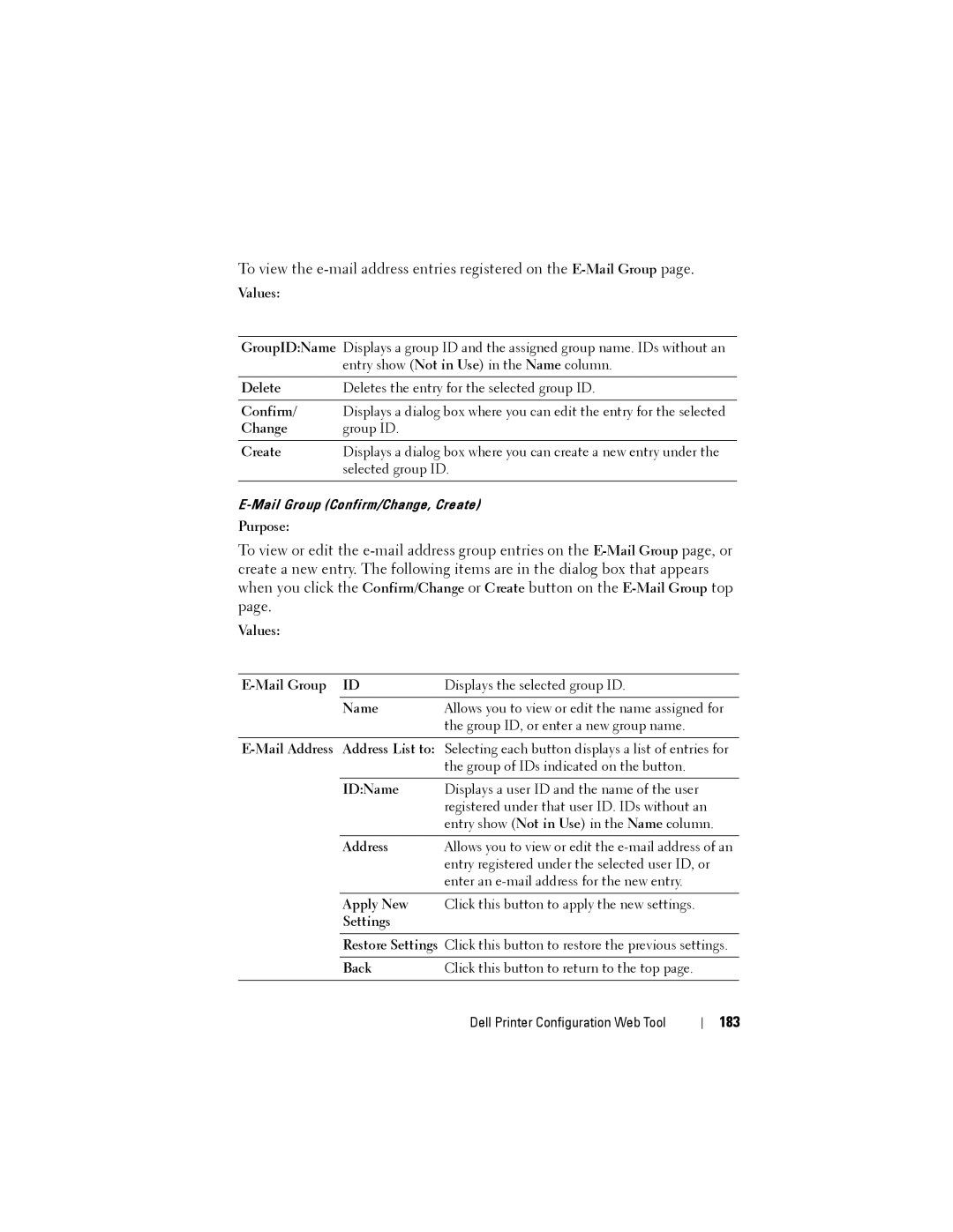 Dell 1355CN, 1355cnw manual 183, Values Mail Group 