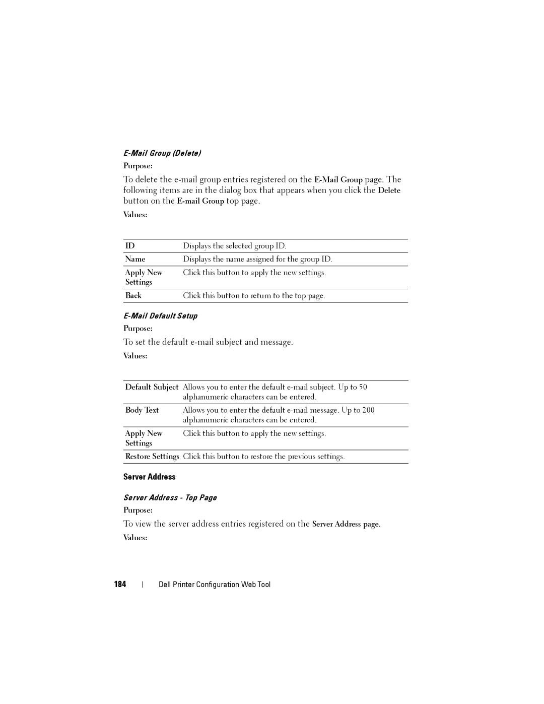 Dell 1355cnw, 1355CN manual Server Address, 184 