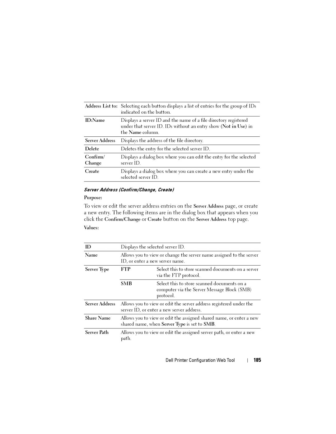 Dell 1355CN, 1355cnw manual 185, Server Type, Share Name, Server Path 