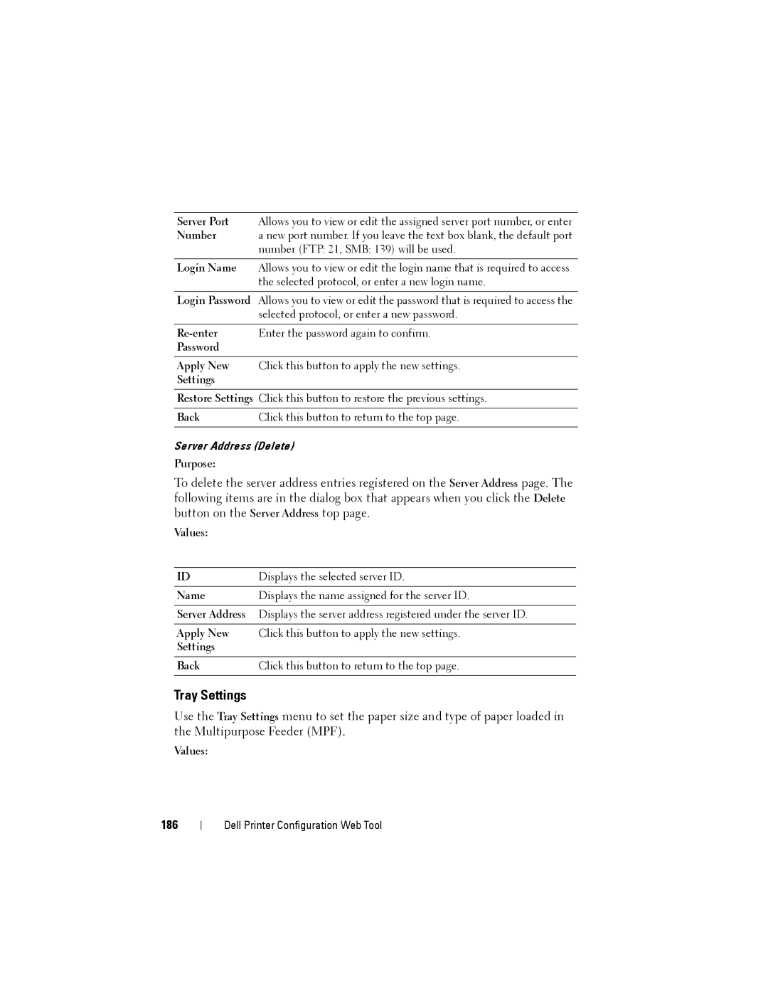 Dell 1355cnw, 1355CN manual Tray Settings, 186 