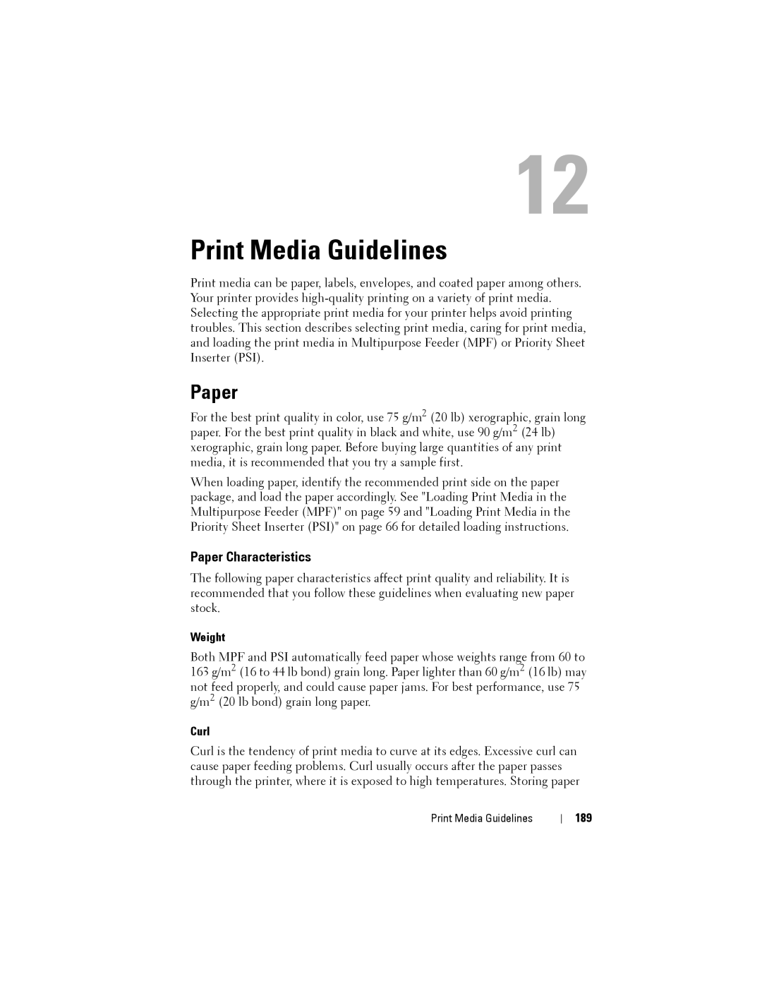 Dell 1355CN, 1355cnw manual Print Media Guidelines, Paper Characteristics 