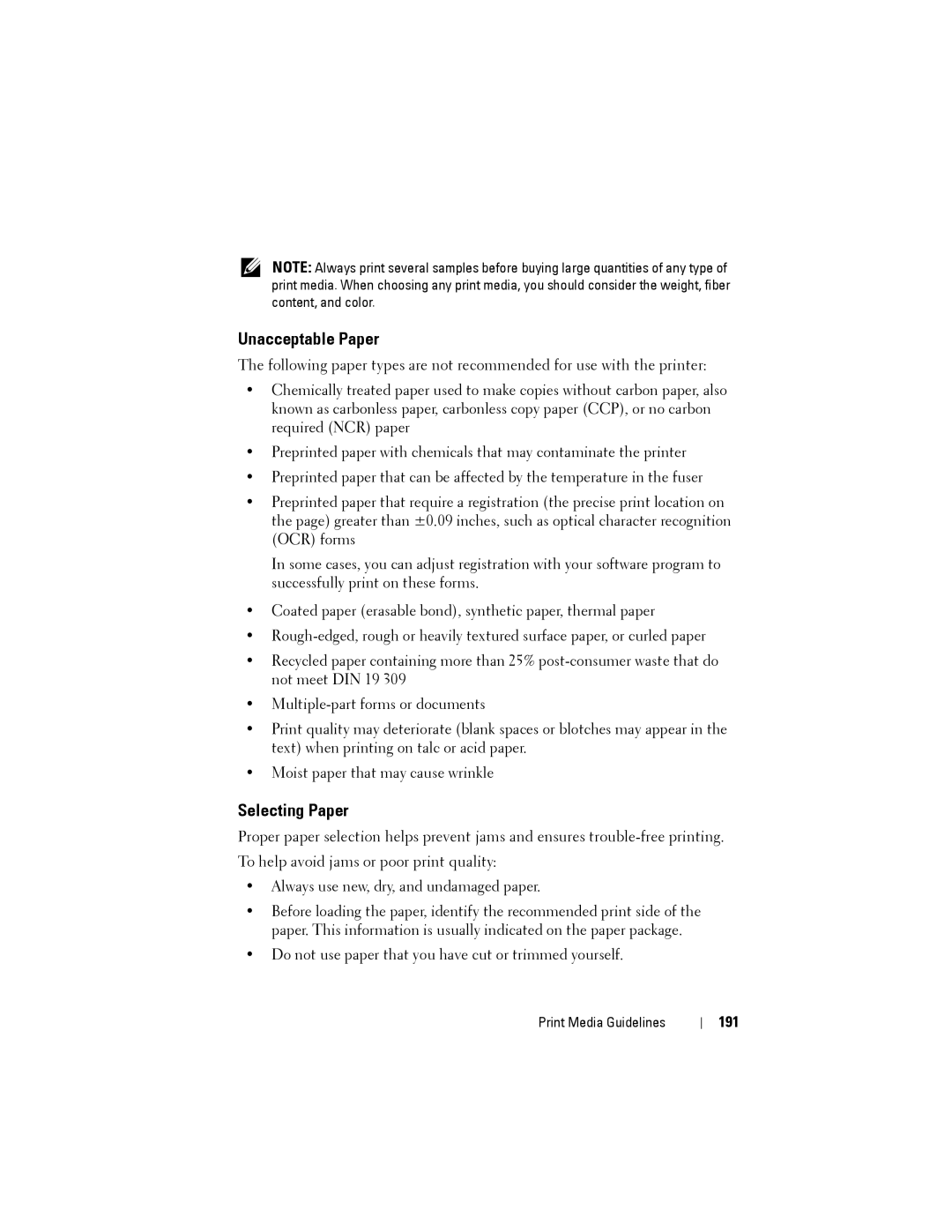 Dell 1355CN, 1355cnw manual Unacceptable Paper, Selecting Paper, 191 