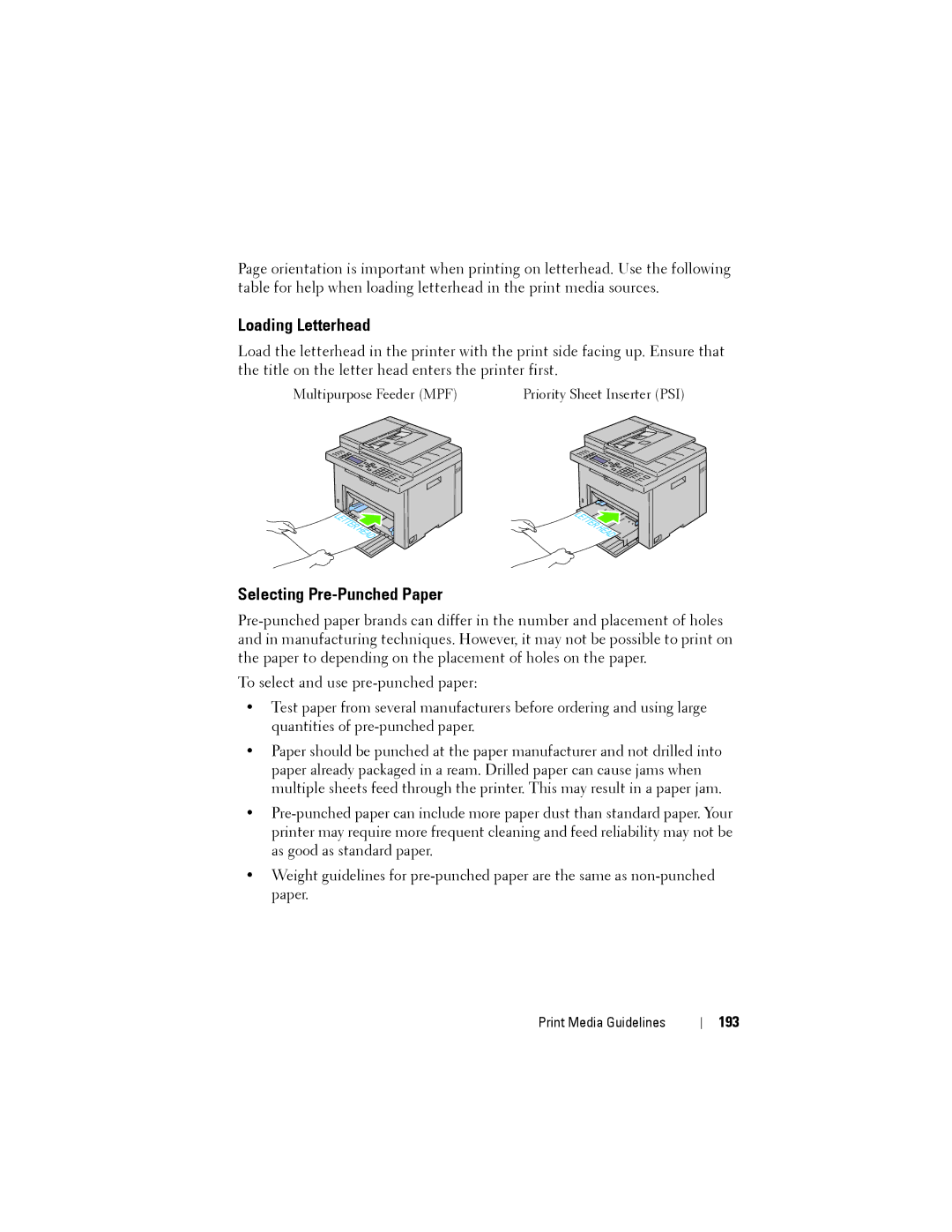 Dell 1355CN, 1355cnw manual Loading Letterhead, Selecting Pre-Punched Paper, 193 