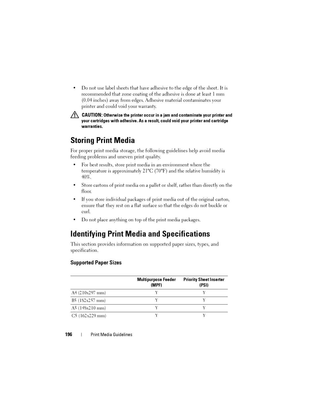 Dell 1355cnw, 1355CN manual Storing Print Media, Identifying Print Media and Specifications, Supported Paper Sizes, 196 