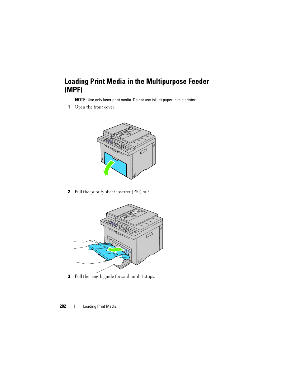 Dell 1355cnw, 1355CN manual Loading Print Media in the Multipurpose Feeder MPF, 202 