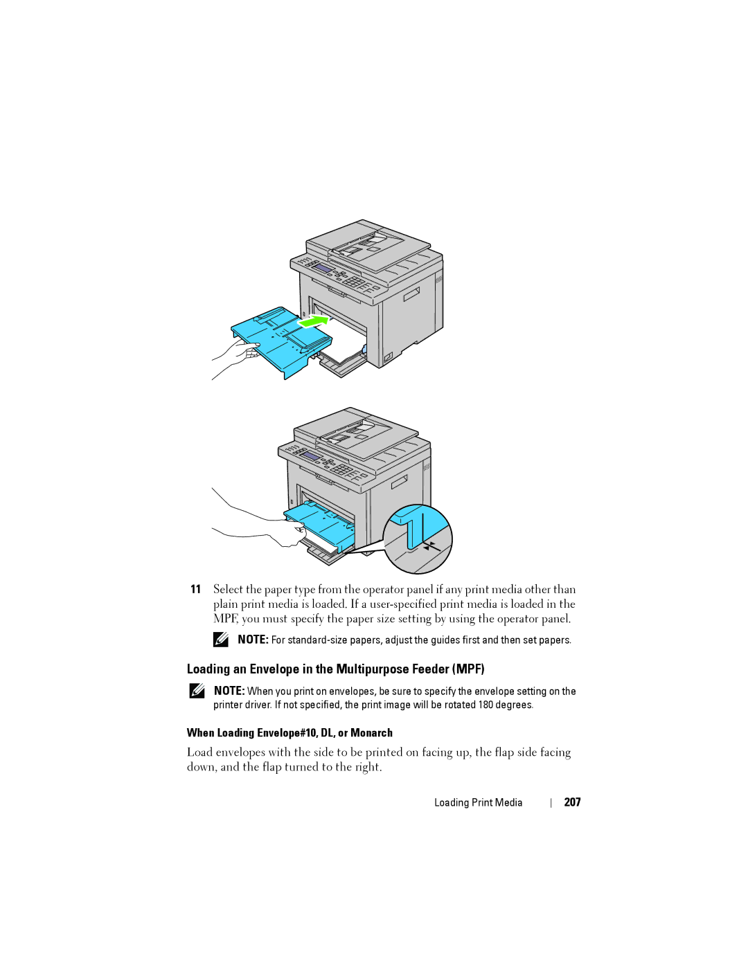 Dell 1355CN, 1355cnw Loading an Envelope in the Multipurpose Feeder MPF, When Loading Envelope#10, DL, or Monarch, 207 