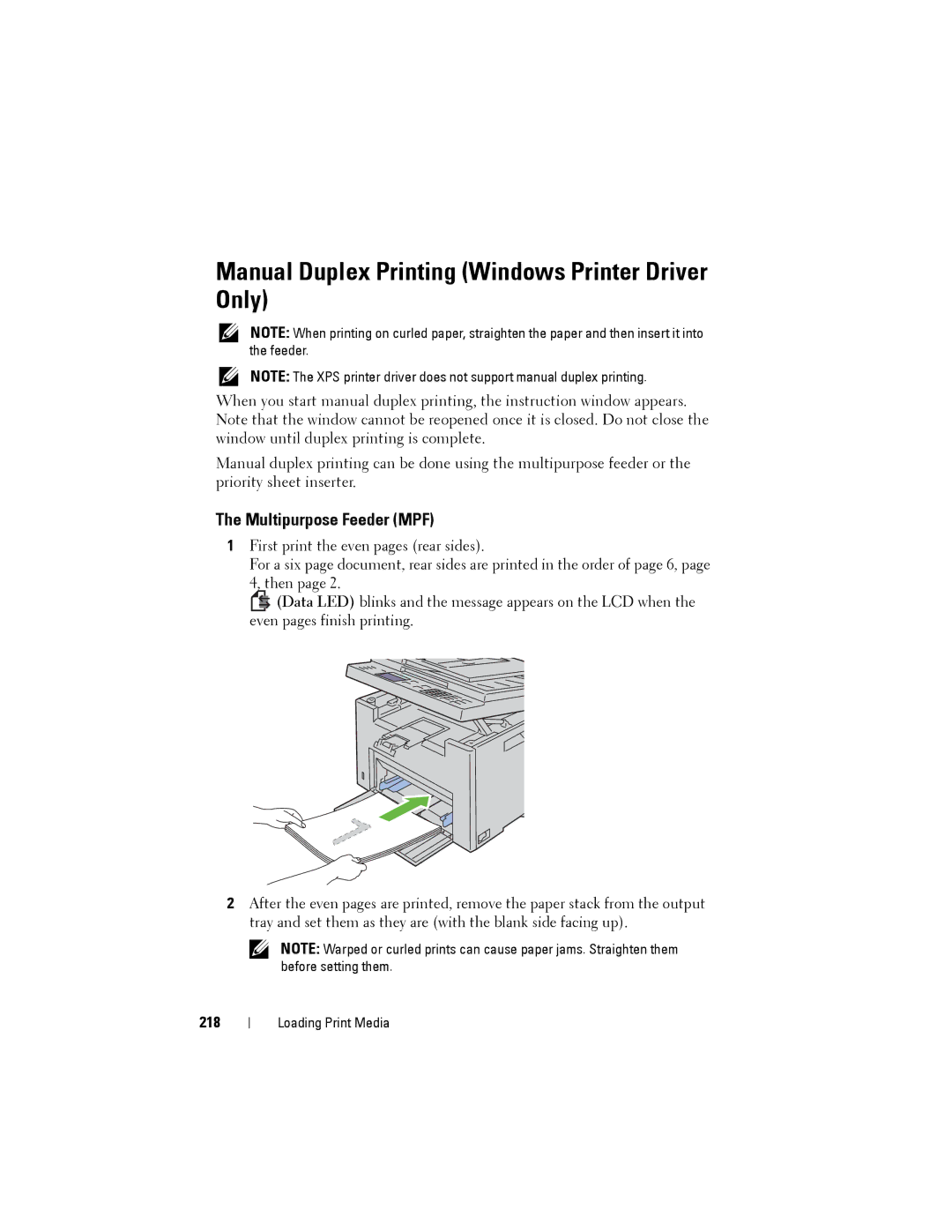 Dell 1355cnw, 1355CN manual Manual Duplex Printing Windows Printer Driver Only, Multipurpose Feeder MPF, 218 