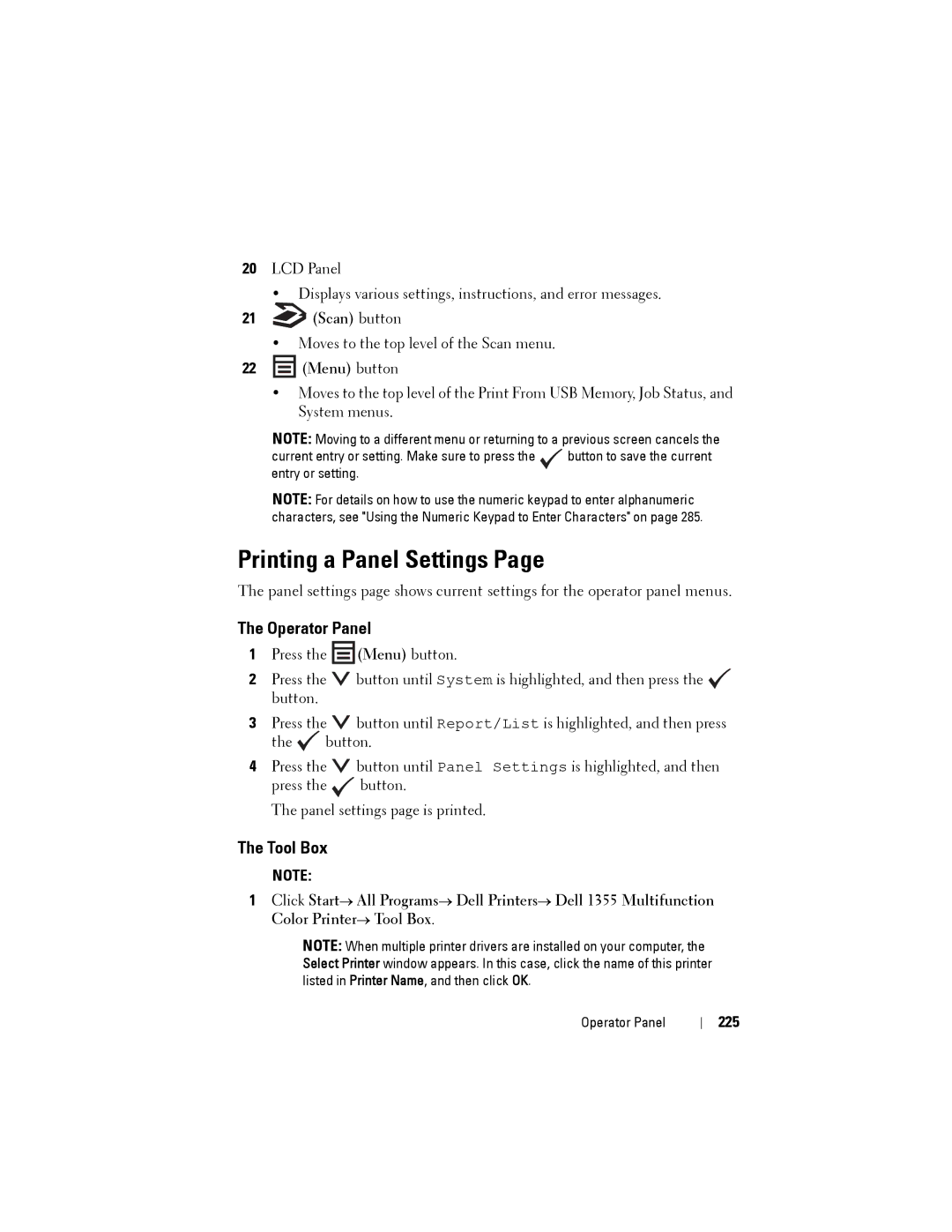 Dell 1355CN, 1355cnw manual Printing a Panel Settings, Scan button, Menu button, 225 