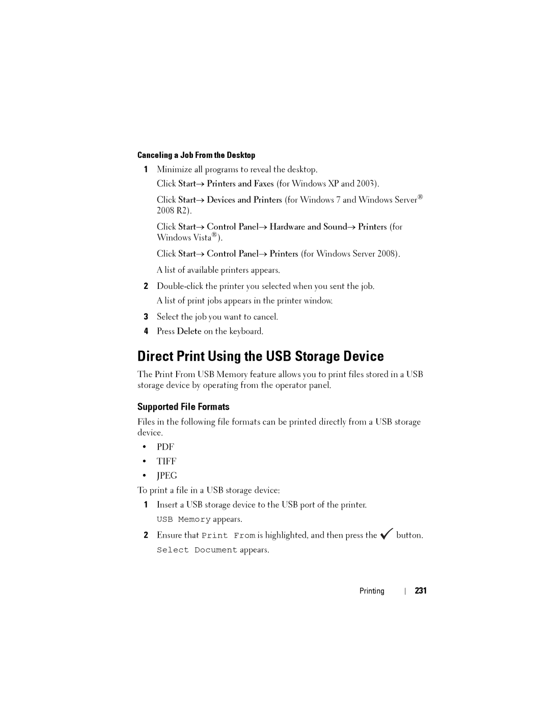 Dell 1355CN manual Direct Print Using the USB Storage Device, Supported File Formats, Canceling a Job From the Desktop, 231 