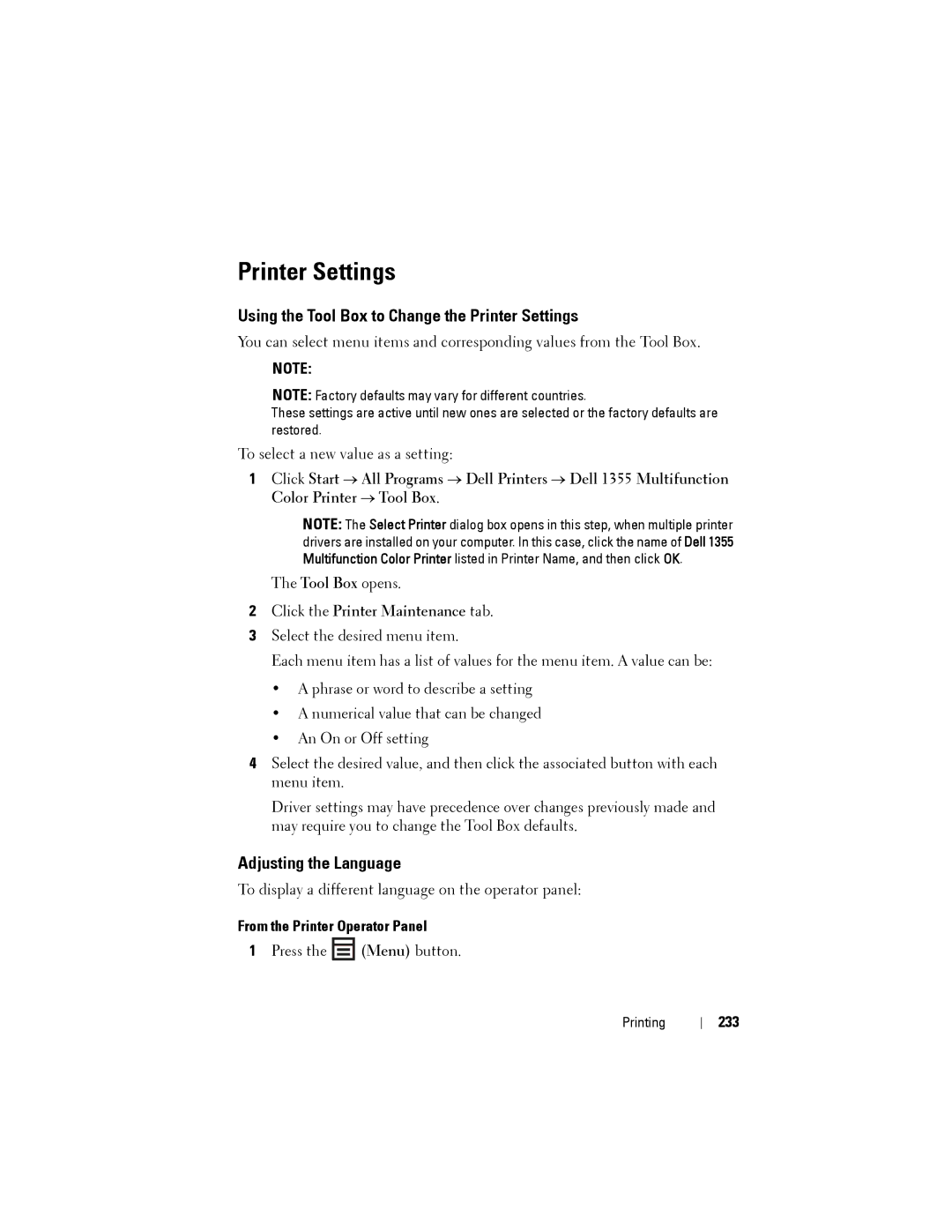 Dell 1355CN Using the Tool Box to Change the Printer Settings, Adjusting the Language, From the Printer Operator Panel 