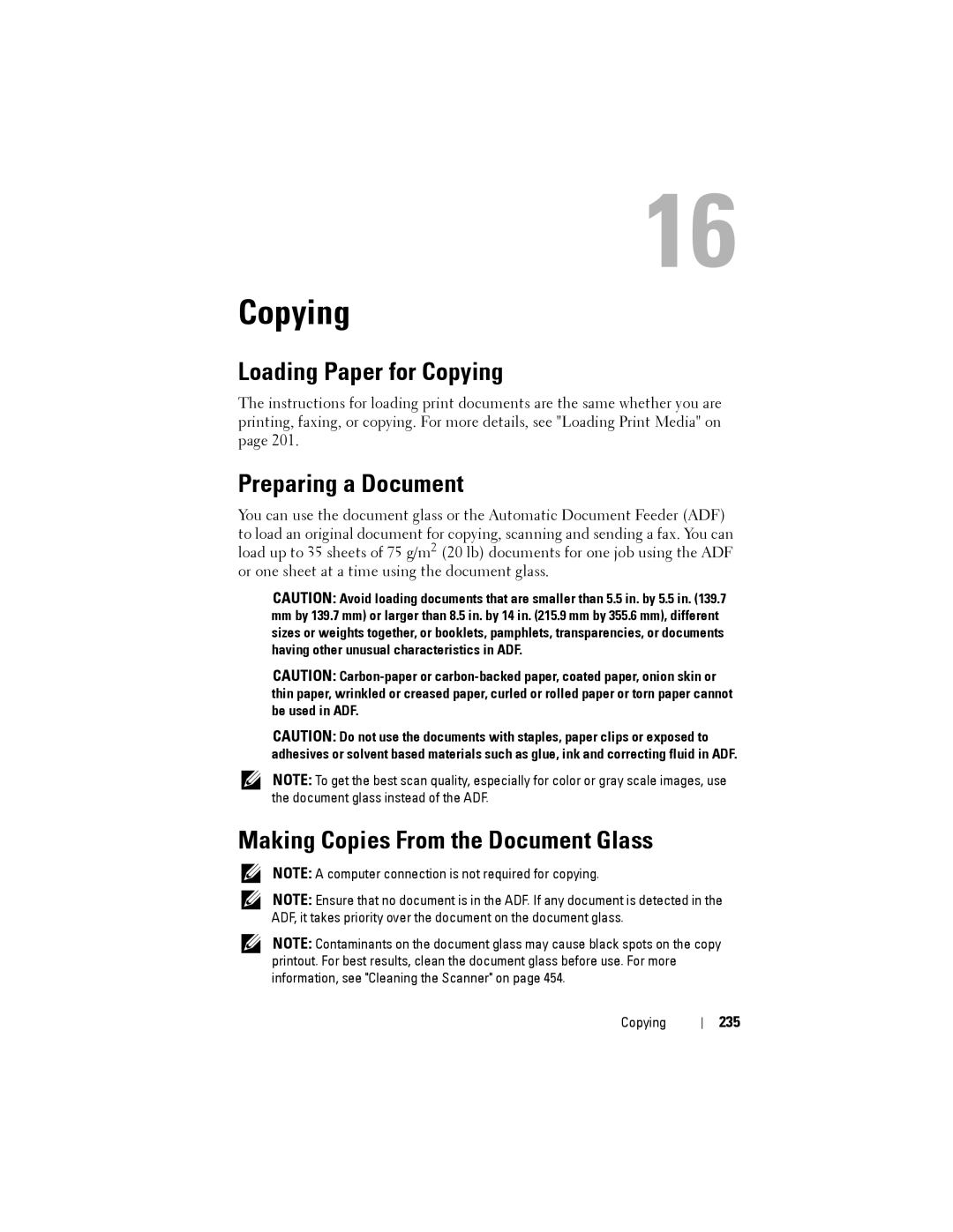 Dell 1355CN, 1355cnw manual Loading Paper for Copying, Preparing a Document, Making Copies From the Document Glass, 235 