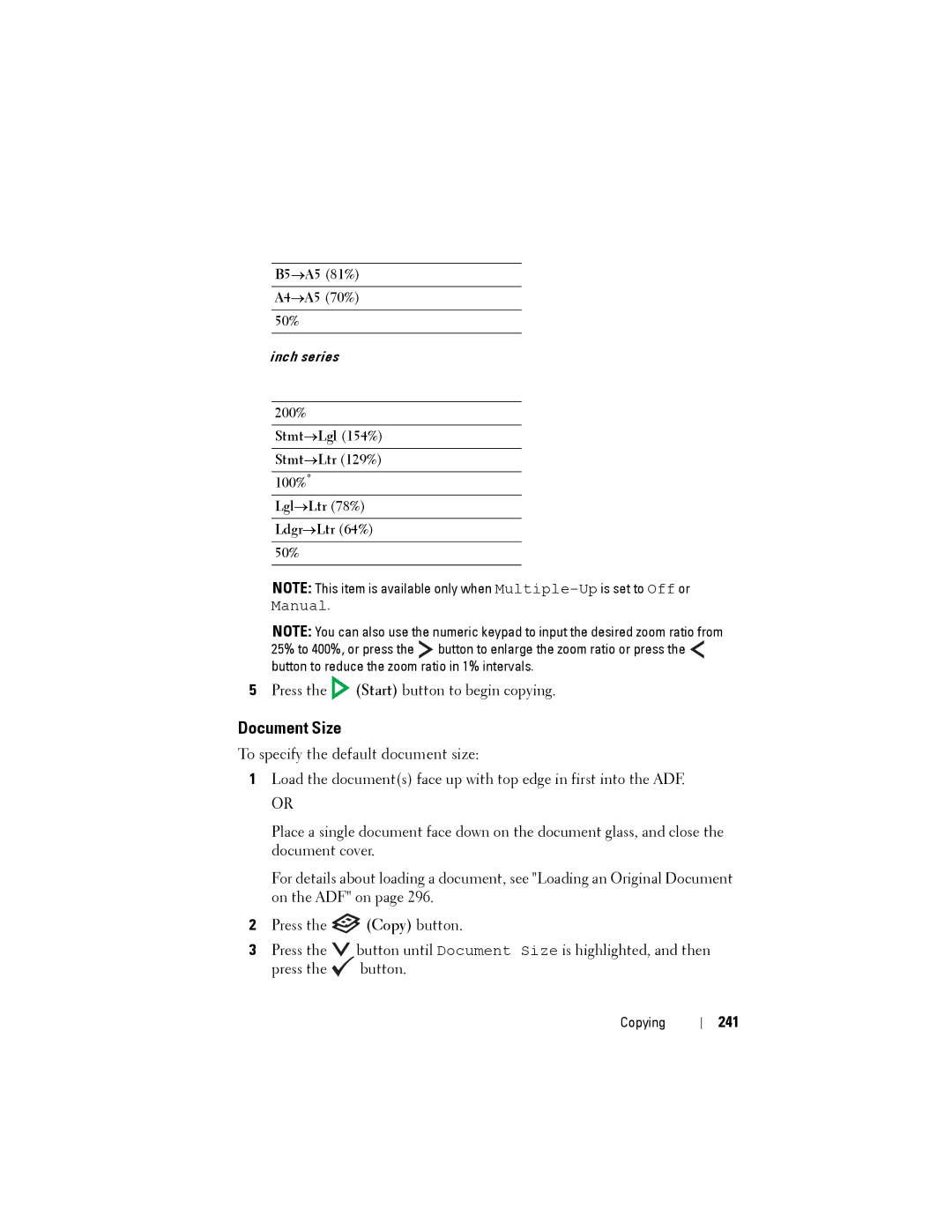 Dell 1355CN, 1355cnw manual Document Size, 241, B5→A5 81% A4→A5 70% 50% 