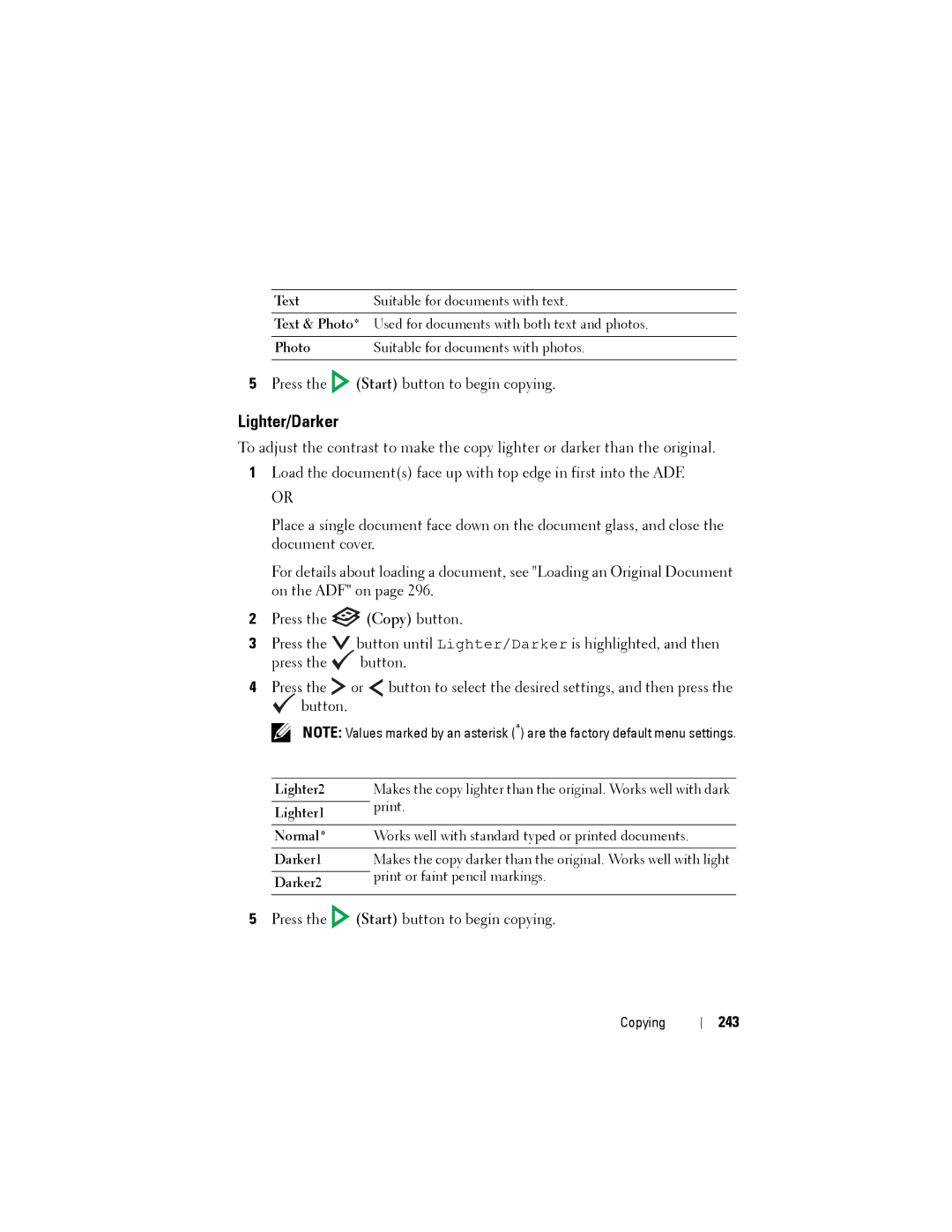 Dell 1355CN, 1355cnw manual Lighter/Darker, 243, Photo Suitable for documents with photos 