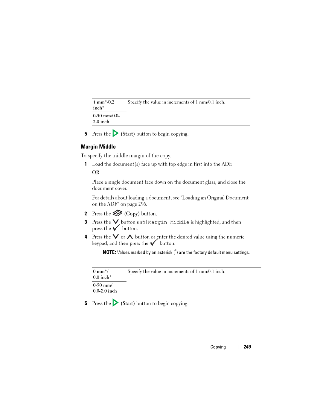 Dell 1355CN, 1355cnw manual Margin Middle, 249, Specify the value in increments of 1 mm/0.1 inch, Inch 50 mm 