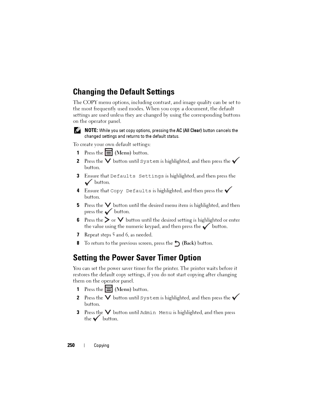 Dell 1355cnw, 1355CN manual Changing the Default Settings, Setting the Power Saver Timer Option, 250 