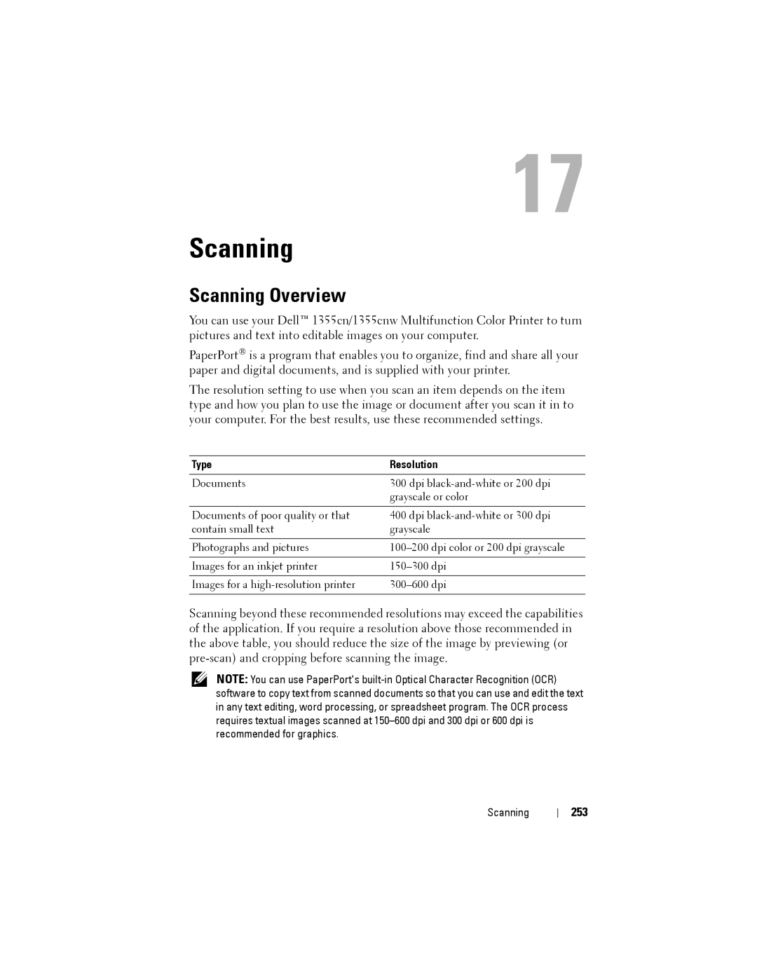 Dell 1355CN, 1355cnw manual Scanning Overview, 253, Type Resolution 