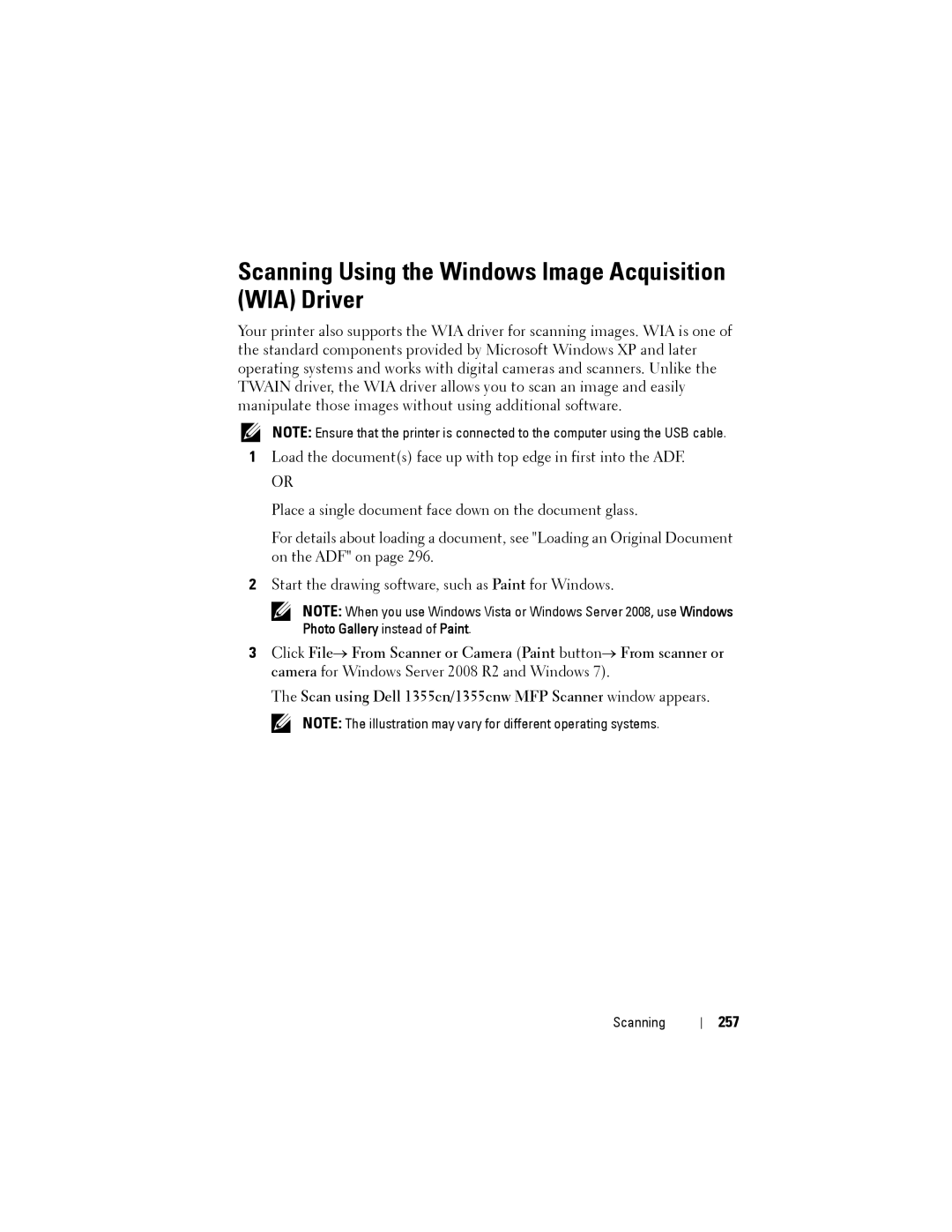 Dell 1355CN, 1355cnw manual Scanning Using the Windows Image Acquisition WIA Driver, 257 