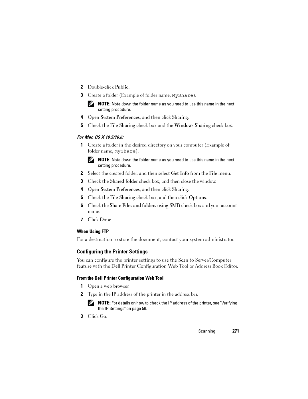 Dell 1355CN, 1355cnw manual Configuring the Printer Settings, Open System Preferences, and then click Sharing, 271 
