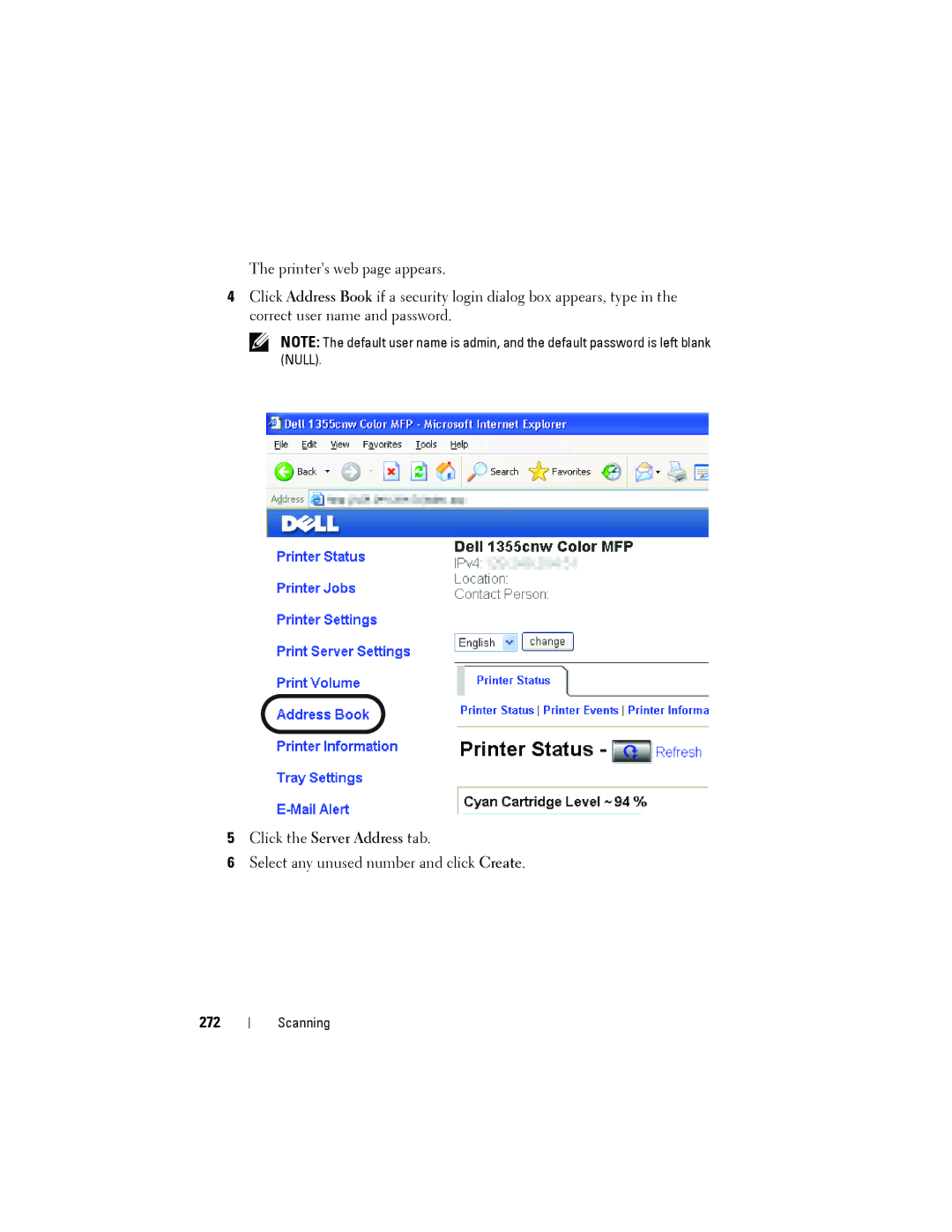 Dell 1355cnw, 1355CN manual Click the Server Address tab, 272 