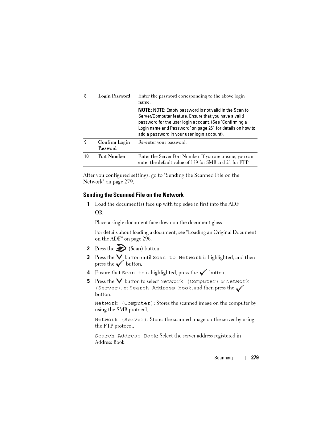 Dell 1355CN, 1355cnw manual Sending the Scanned File on the Network, 279, Confirm Login, Password Port Number 