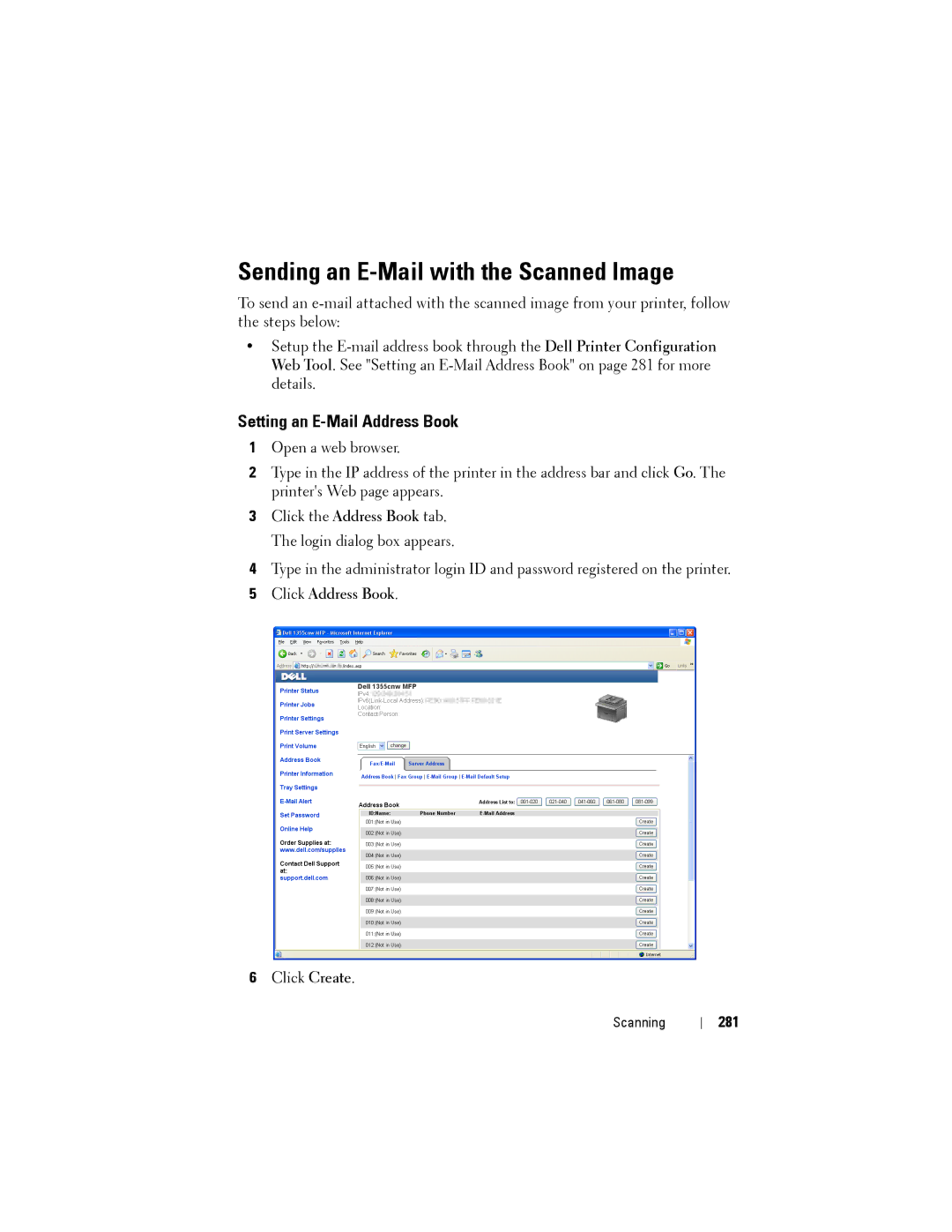 Dell 1355CN, 1355cnw Sending an E-Mail with the Scanned Image, Setting an E-Mail Address Book, Click Address Book, 281 