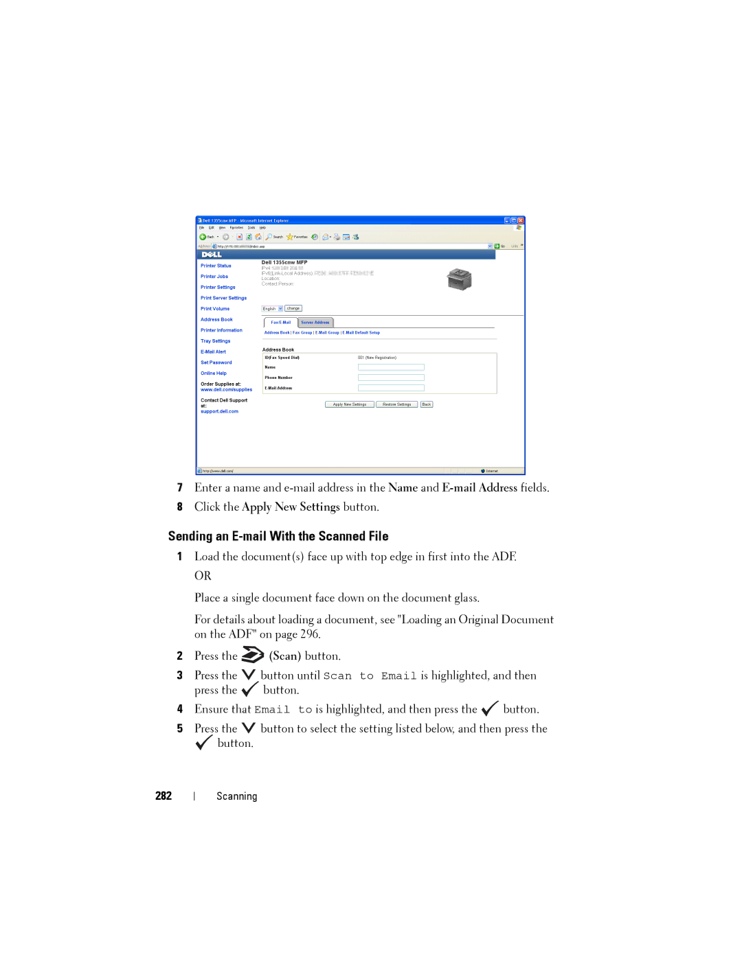 Dell 1355cnw, 1355CN manual Sending an E-mail With the Scanned File, Click the Apply New Settings button, 282 