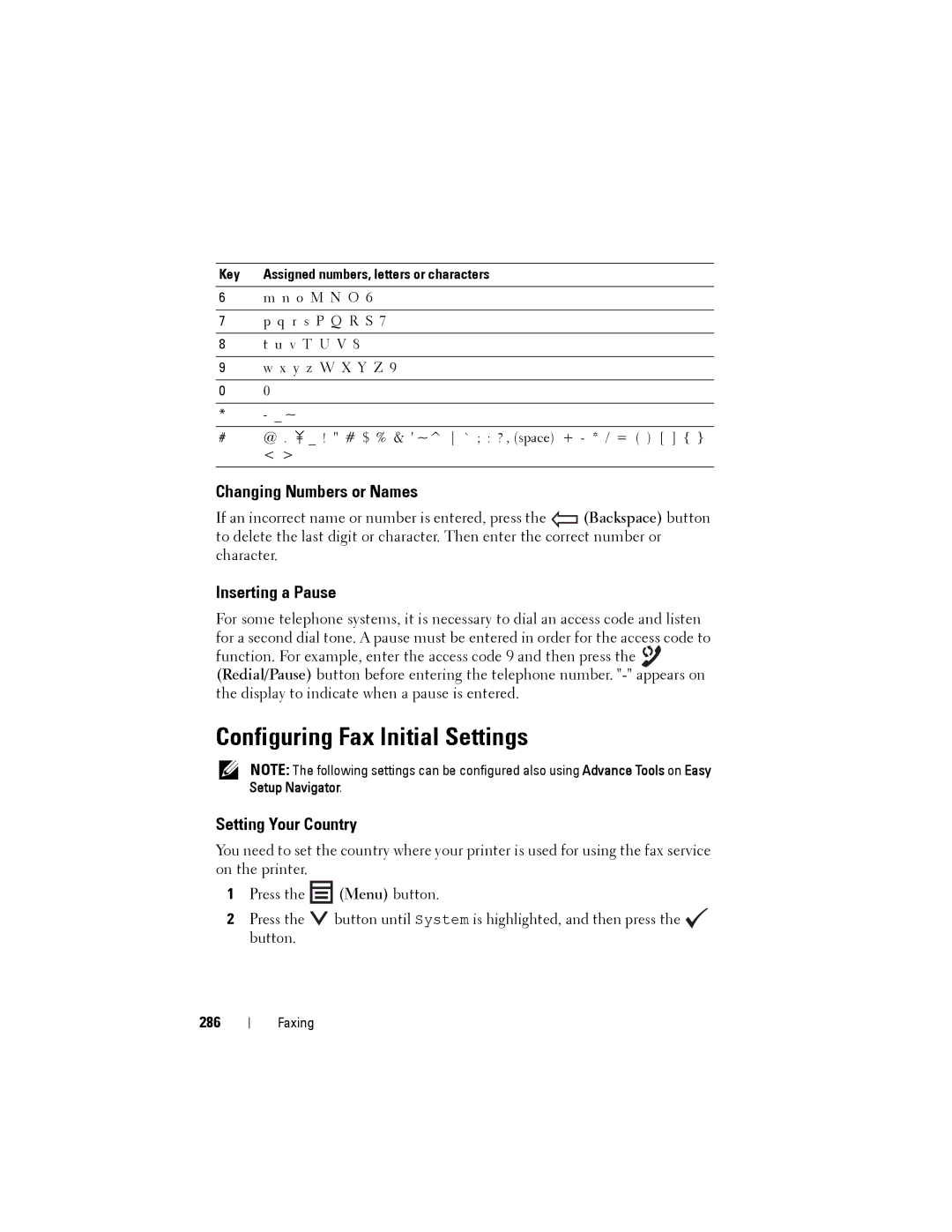 Dell 1355cnw Configuring Fax Initial Settings, Changing Numbers or Names, Inserting a Pause, Setting Your Country, 286 