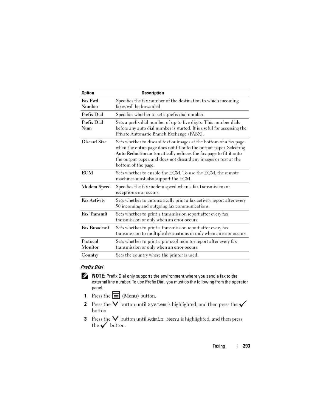 Dell 1355CN, 1355cnw manual 293, Fax Fwd, Num, Protocol, Monitor 