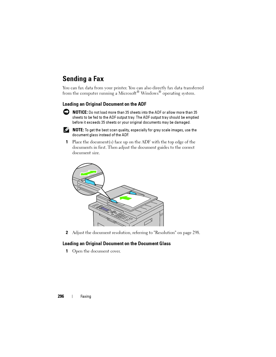 Dell 1355cnw Sending a Fax, Loading an Original Document on the ADF, Loading an Original Document on the Document Glass 