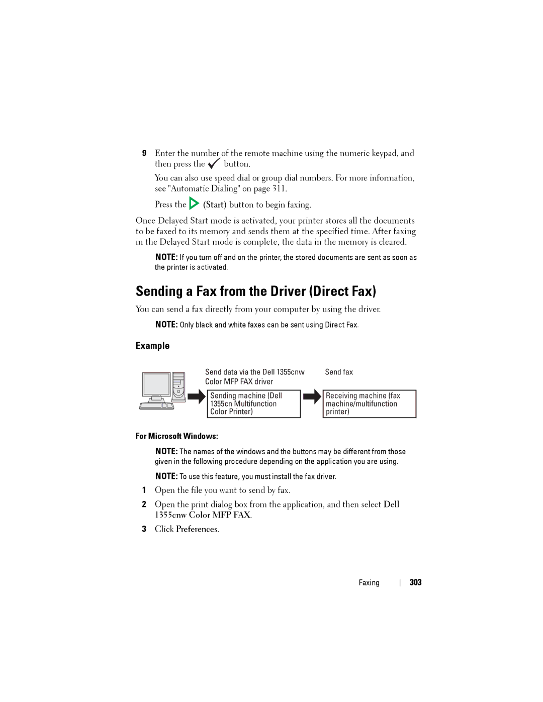 Dell 1355CN, 1355cnw manual Sending a Fax from the Driver Direct Fax, Example, For Microsoft Windows, Click Preferences, 303 