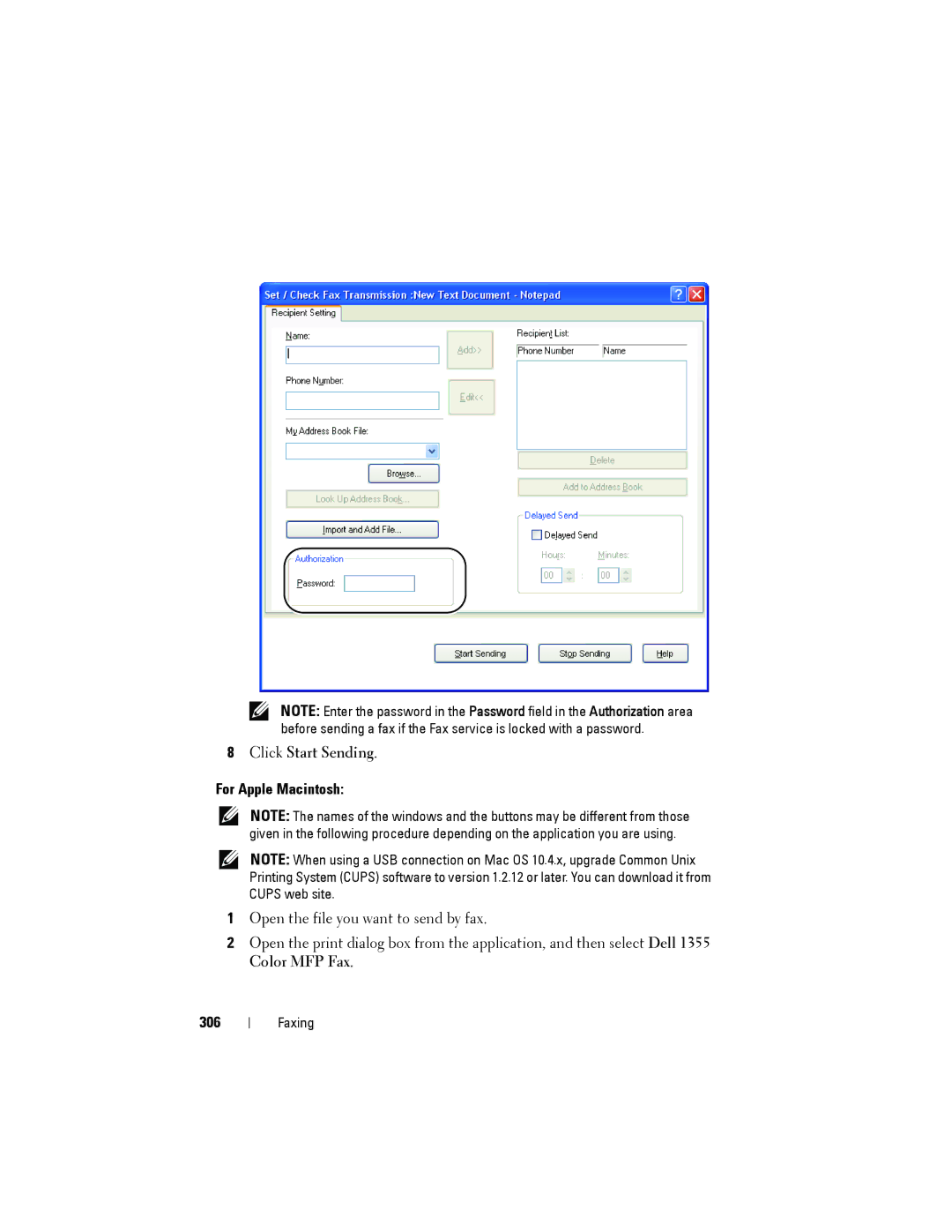 Dell 1355cnw, 1355CN manual Click Start Sending, For Apple Macintosh, 306 