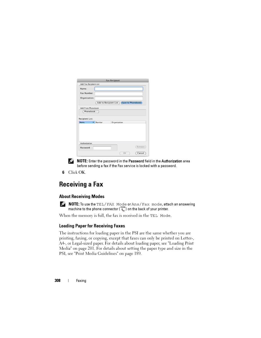 Dell 1355cnw, 1355CN manual Receiving a Fax, About Receiving Modes, Loading Paper for Receiving Faxes, 308 