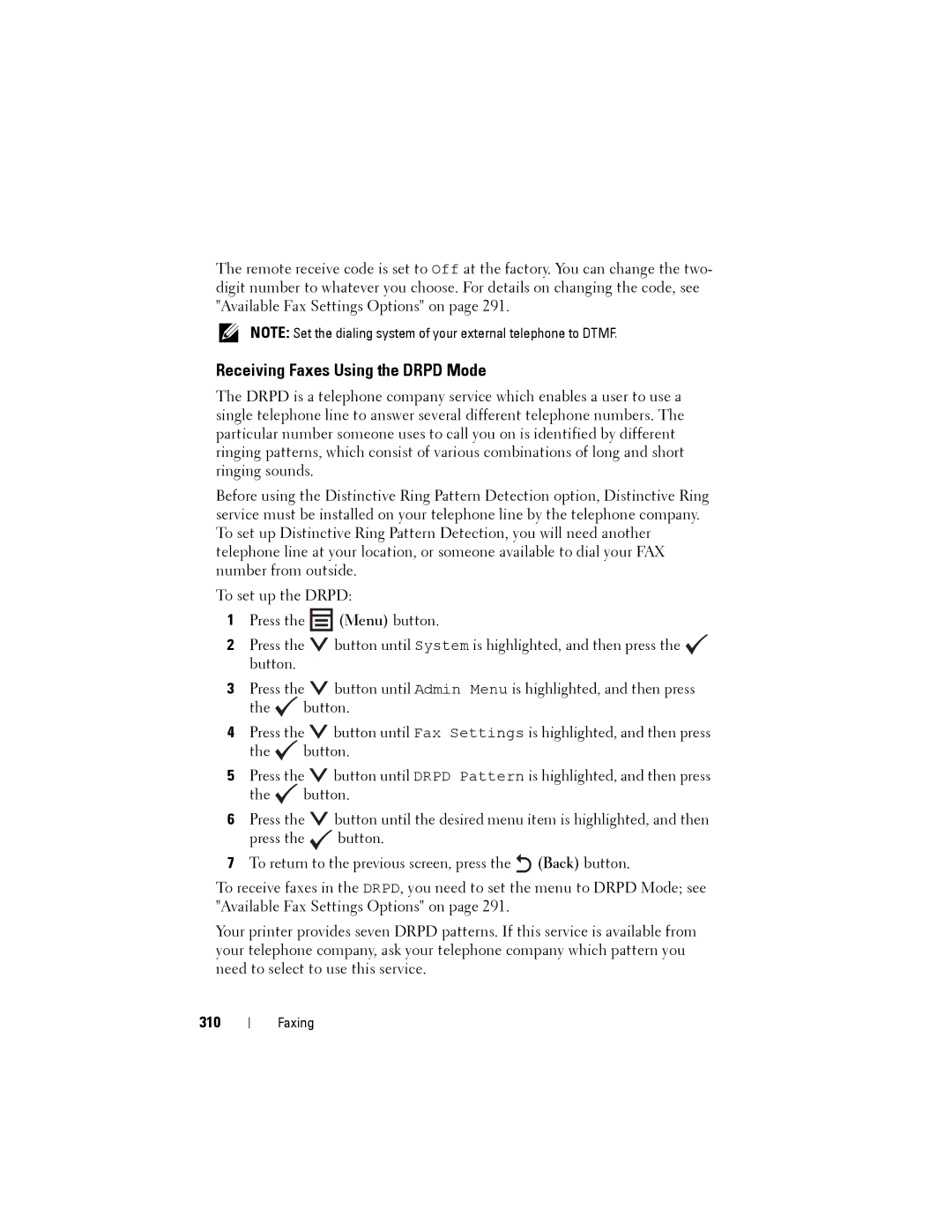 Dell 1355cnw, 1355CN manual Receiving Faxes Using the Drpd Mode, 310 