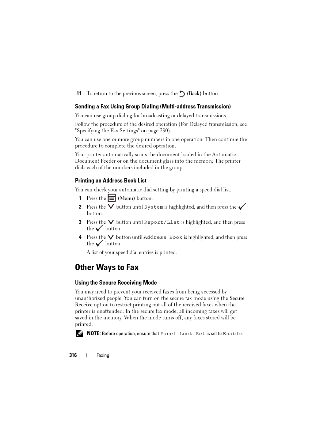 Dell 1355cnw, 1355CN manual Other Ways to Fax, Printing an Address Book List, Using the Secure Receiving Mode, 316 